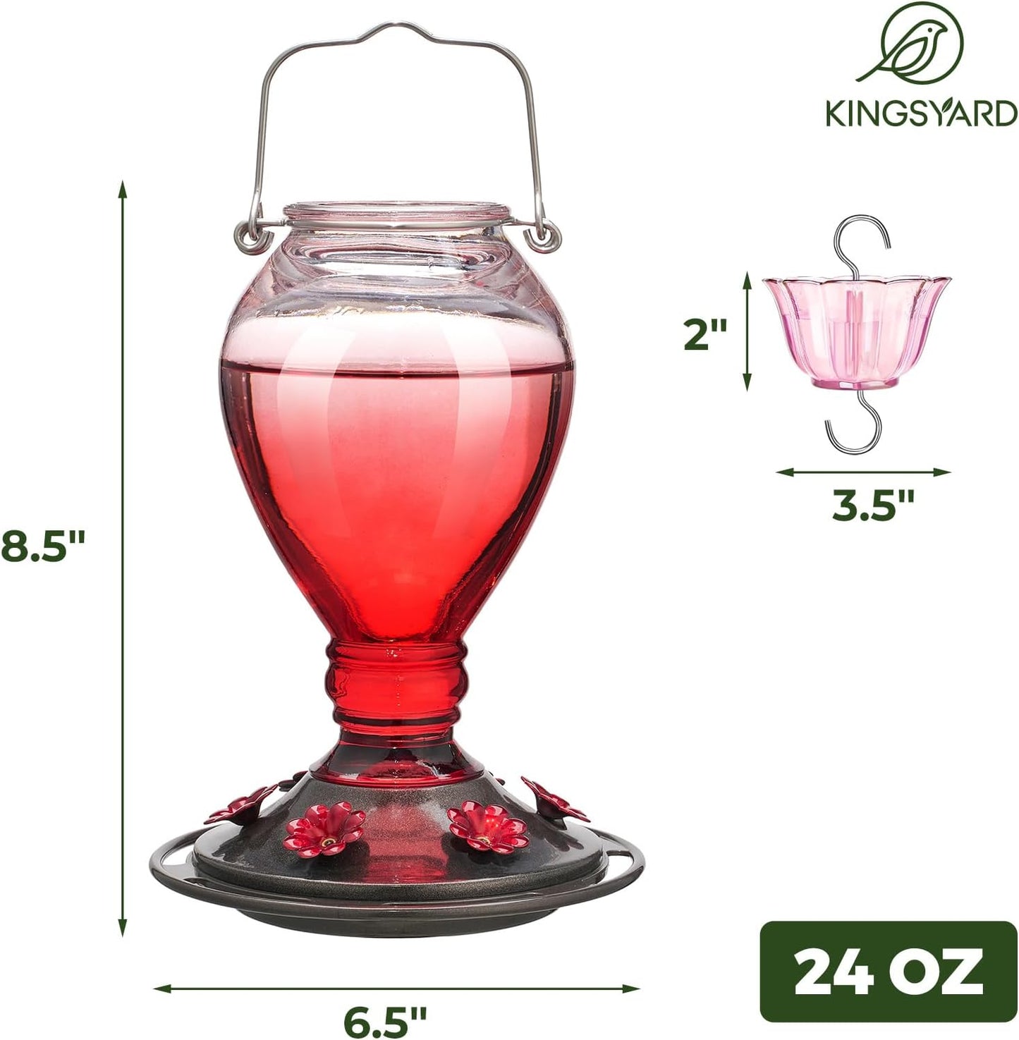 Kingsyard Glass Hummingbird Feeder - 6 Bee Guard Feeding Ports & Ant Moat, 24 oz Leak Proof, Wild Bird Feeder for Outdoors Hanging, Easy to Clean & Refill, Garden Yard Décor, Red & Pink