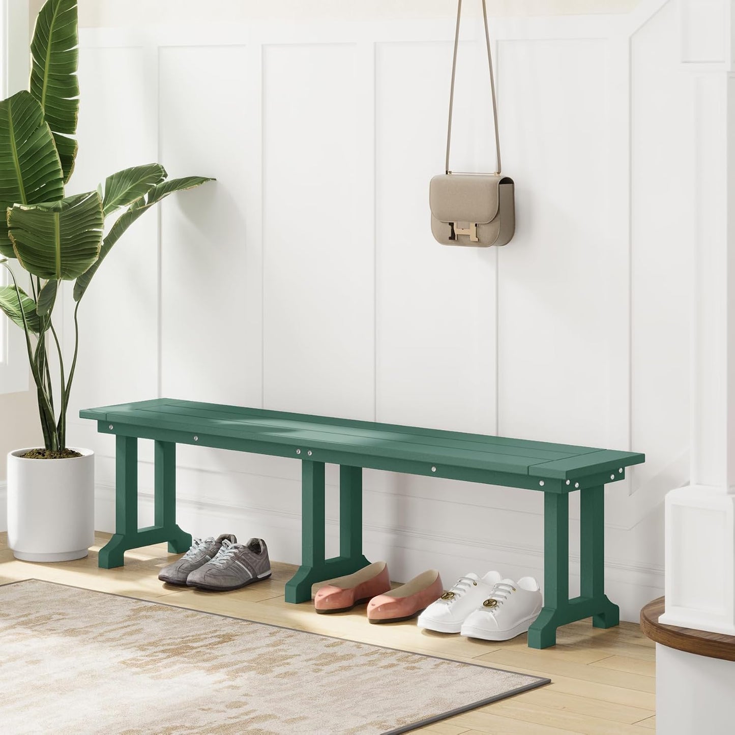 Outdoor Benches Weatherproof, All Weather Resistant Park Bench Poly Lumber Backless Garden Bench Seat for Entryway Front Porch, Dark Green