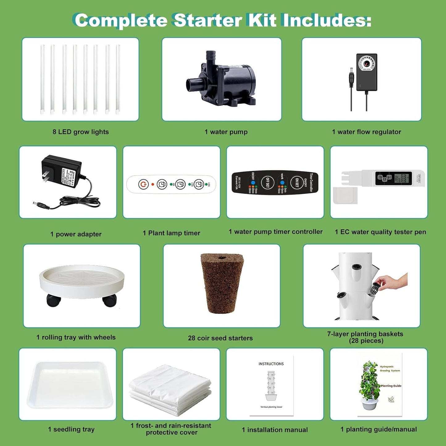 Vertical Hydroponic Growing System Kit – LED Grow Lights, Hydroponic Vegetable Tower,Inddor Lettuce Growing Garden,28 Plant Sites, for Indoor & Outdoor Gardening,Full Spectrum