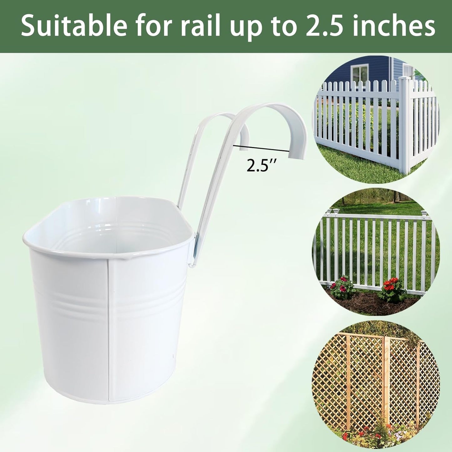 10" Hanging Flower Pots, Pack of 2 White Metal Outdoor Patio Balcony Planter, Railing Planters Fence Pot with Detachable Hook & Drainage Hole for Small Plants (White, 2Pcs)