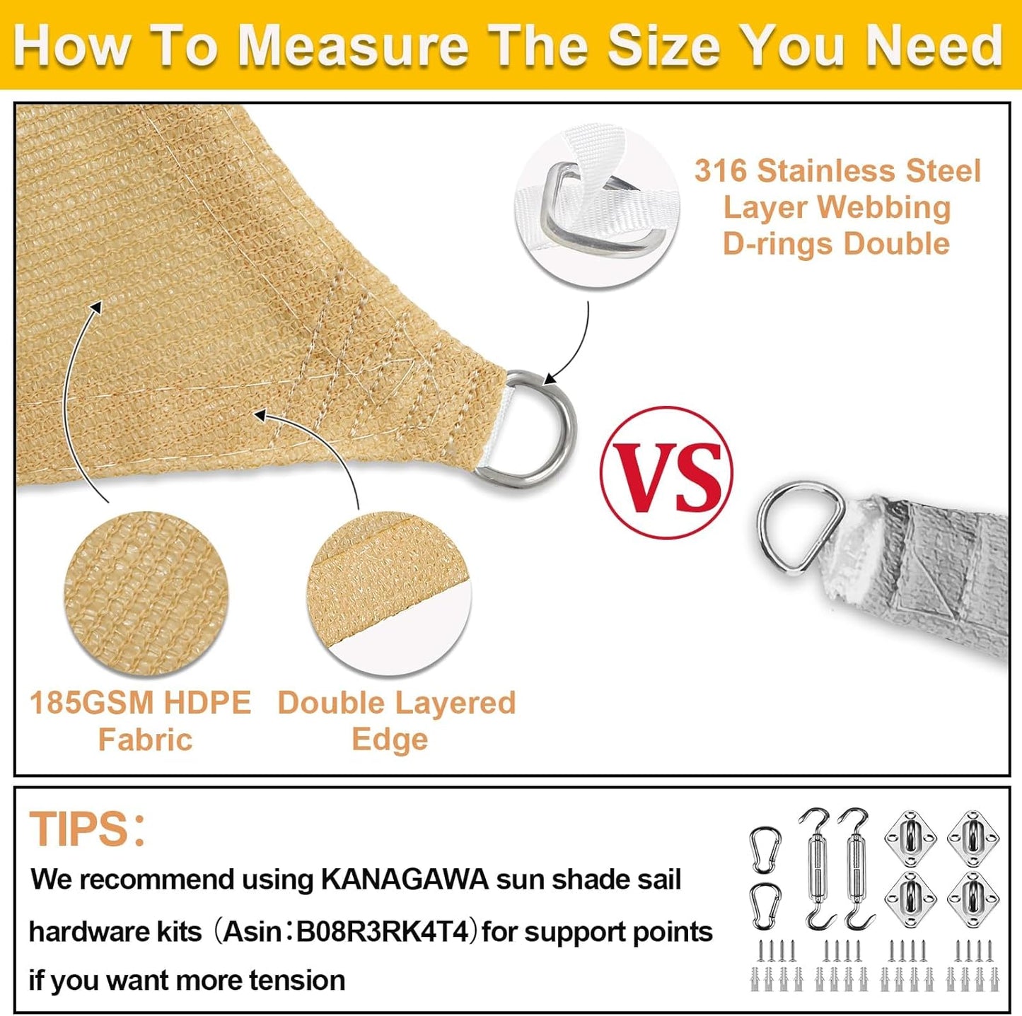 KANAGAWA Sun Shade Sail Curved 24'X24' Sand Rectangle Outdoor Shade Cover UV Blovk Canopy for Patio Garden Backyard Heavy Duty Permeable 185GSM (We Make Custom Size)