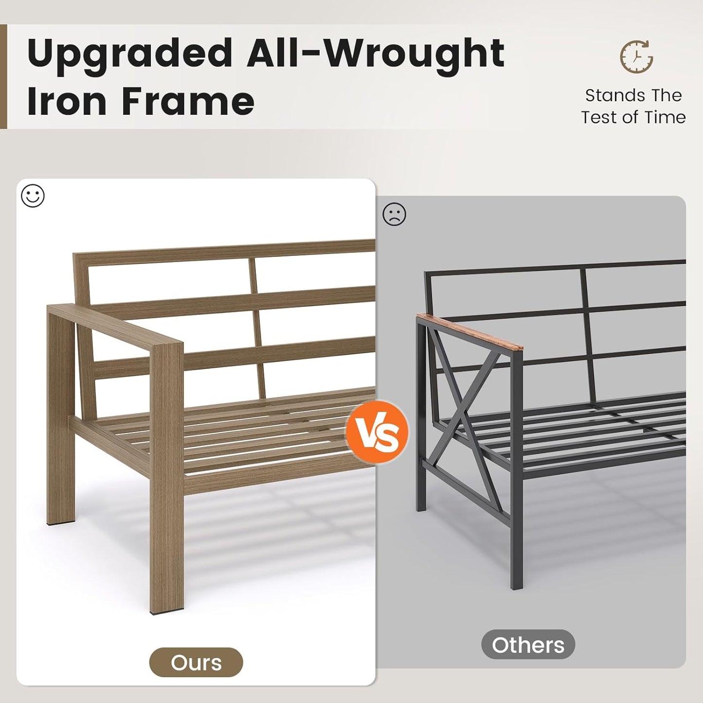 UDPATIO 6 Piece Patio Furniture Set, Faux Wood Metal Outdoor Sectional Sofa with 6" Thick Olefin Cushions, Wide Armrest & Coffee Table, L Shaped Outdoor Furniture for Garden, Backyard Beige