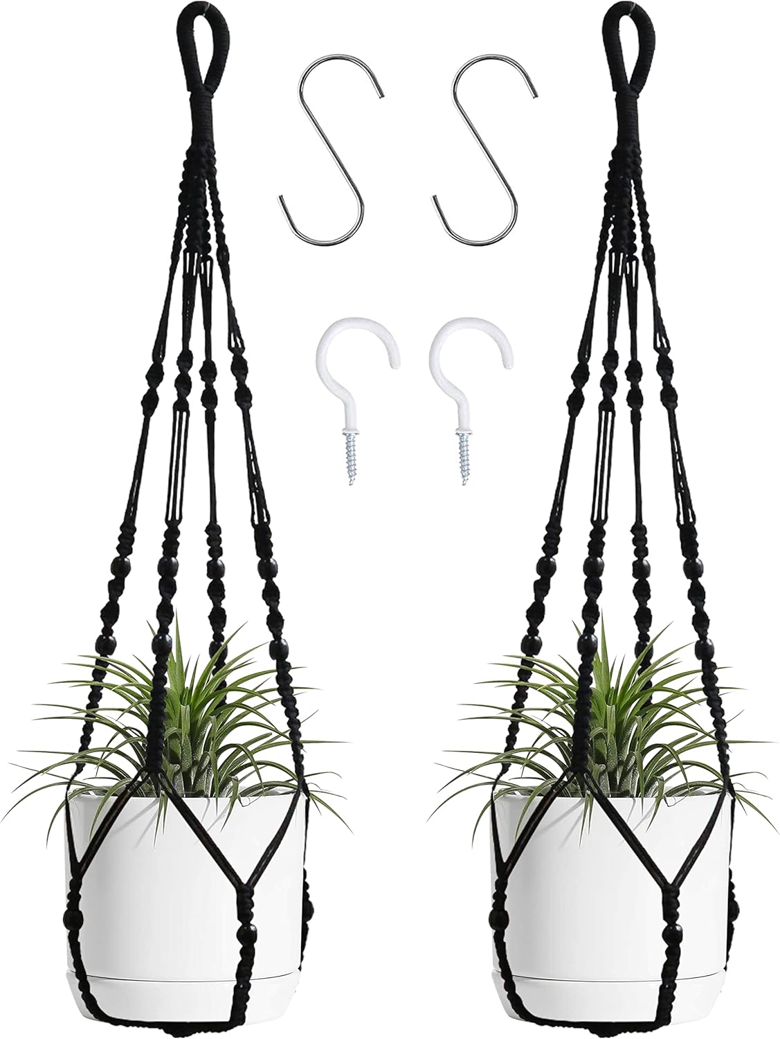 Macrame Plant Hanger Indoor Hanging with Wood Beads Macrame Planters No Tassel for Indoor Outdoor Boho Home Decor 35 Inch (Black,2pcs)