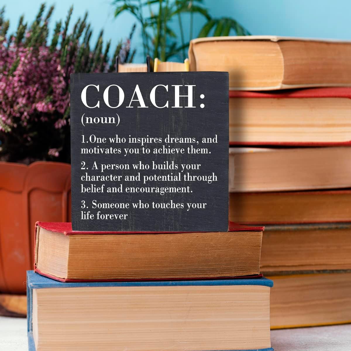 HTBIG Inspirational Coach Noun Coach Gifts Desk Decor Wooden Box Sign Rustic Black Wood Block Plaque Box Sign for Coach Mentor Trainer Tutor Home Office Desk Shelf Table Decoration Coach send friends