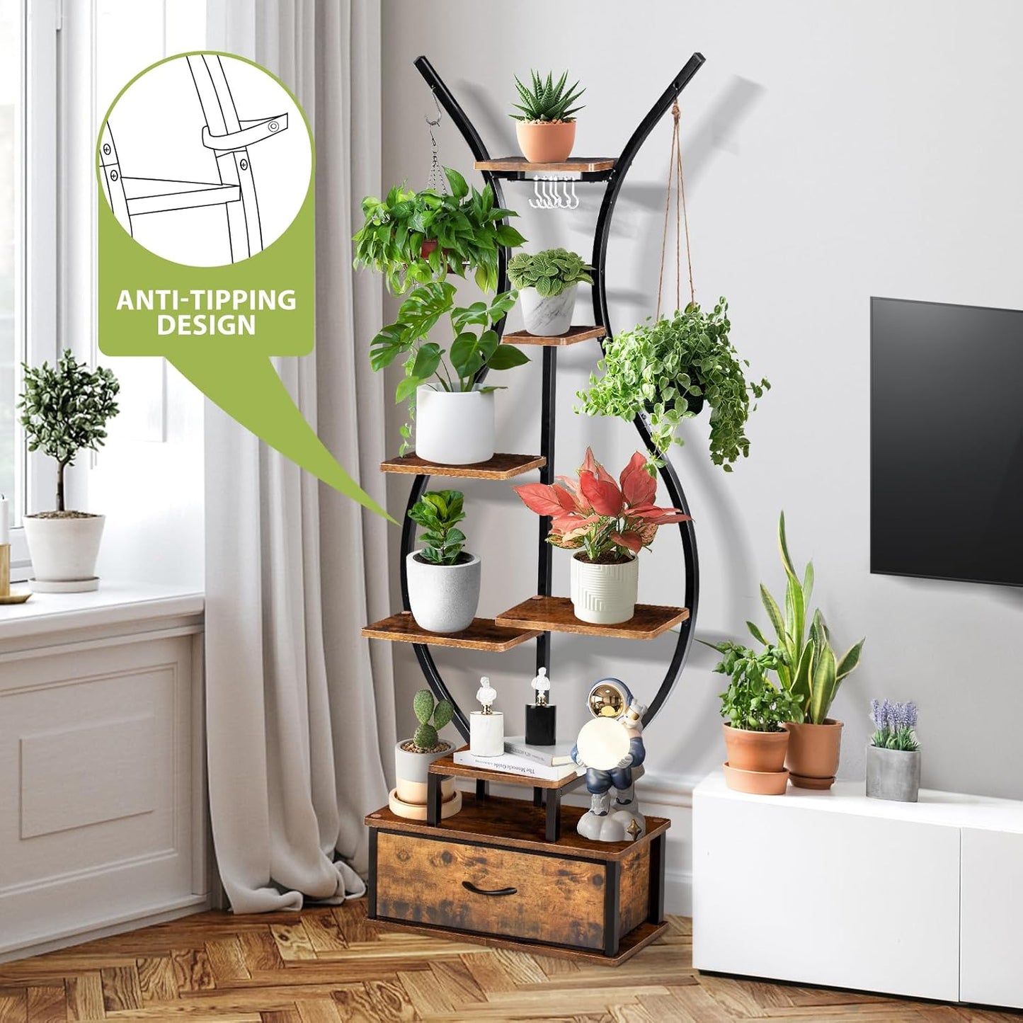 7-Tier Indoor Plant Stand with Hanging Hooks & Drawer, 68.1" Tall Vase-Shaped Corner Plant Stand includes Tool Hangers, Aesthetic Tall Plants Shelf for Multiple Plants Flower Pot, Outdoor Plant Holder in Patio Balcony