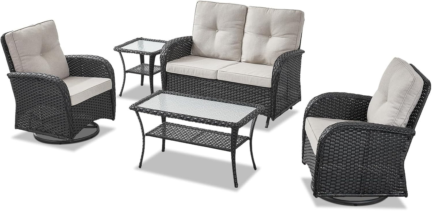 5 Piece Outdoor Patio Furniture Set with Deep Seating Swivel Rocker Chairs Loveseat and Rattan Coffee Table Outdoor Conversation Sets for Deck Backyard Poolside,Black Wicker/Beige Cushion