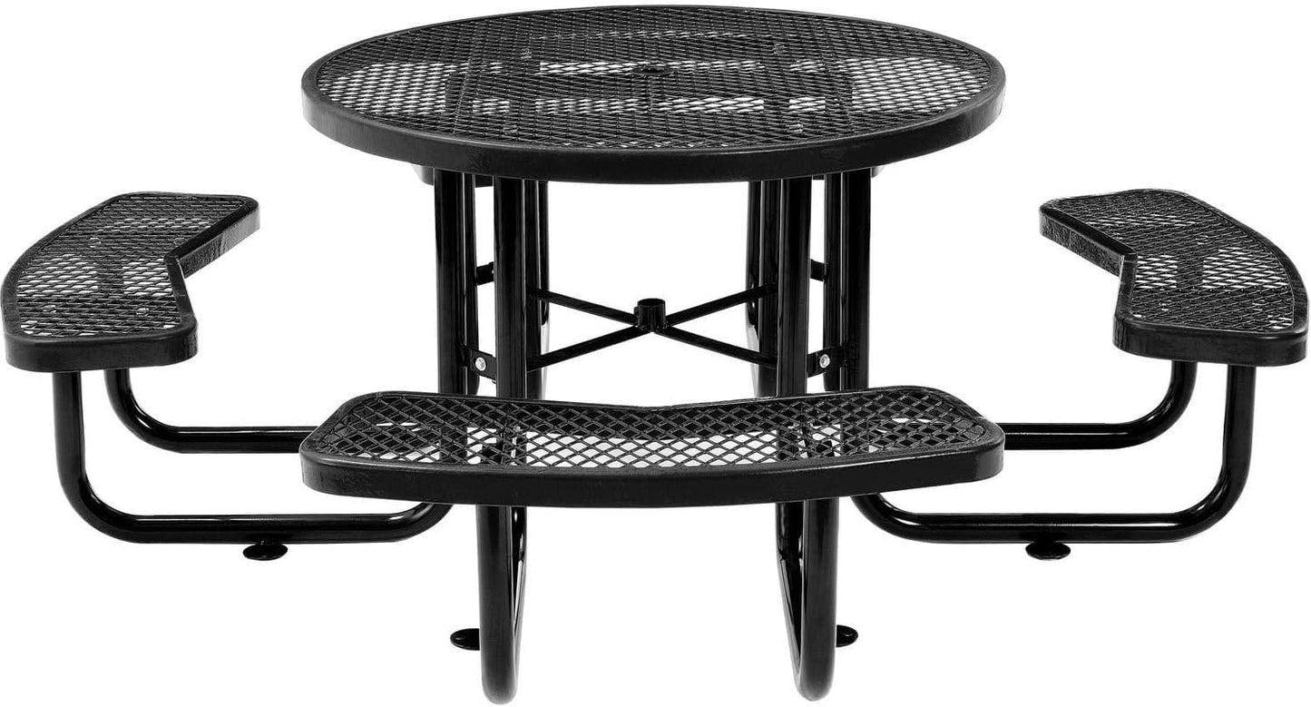 Global Industrial 46" Round Picnic Table, Expanded Metal, Black Thermoplastic Coating, Attached Benches, 1-1/2” Umbrella Pole Hole, Outdoor-Rated, 1000 lb Capacity