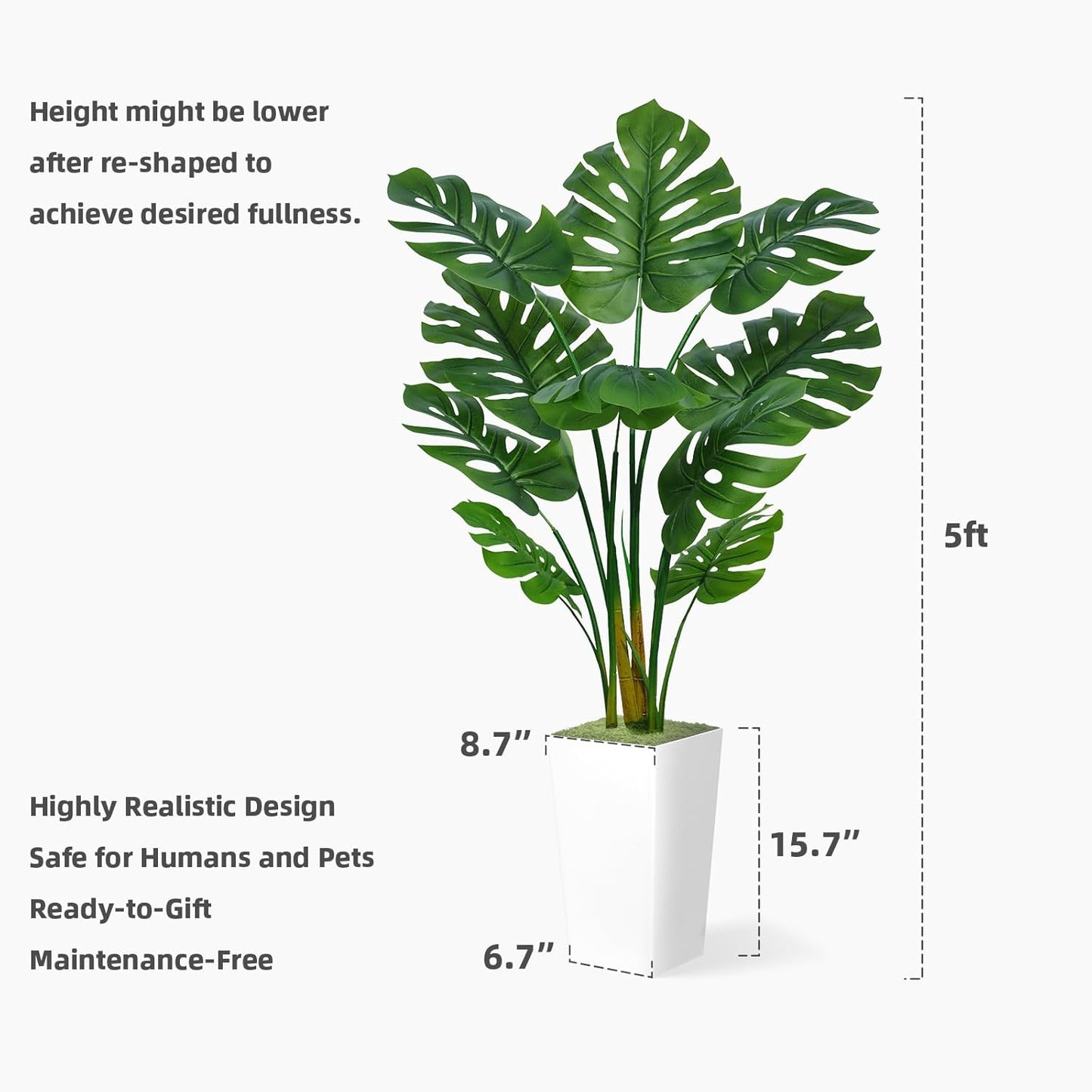 Artificial Monstera Deliciosa Plant 5FT - Faux Tropical Palm Tree with Black Tall Planter - Fake Swiss Cheese Floor Plant in Pot - Artificial Tree for Home Office Living Room Decor Indoor