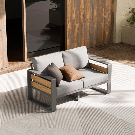 ZANDOR Outside Aluminum Lawn Furniture - 1 Pcs Loveseat, All-Weather Metal Modern Outdoor Loveseat Sofa with Washable Thick Cushion for Garden/Backyard/Porch, Grey