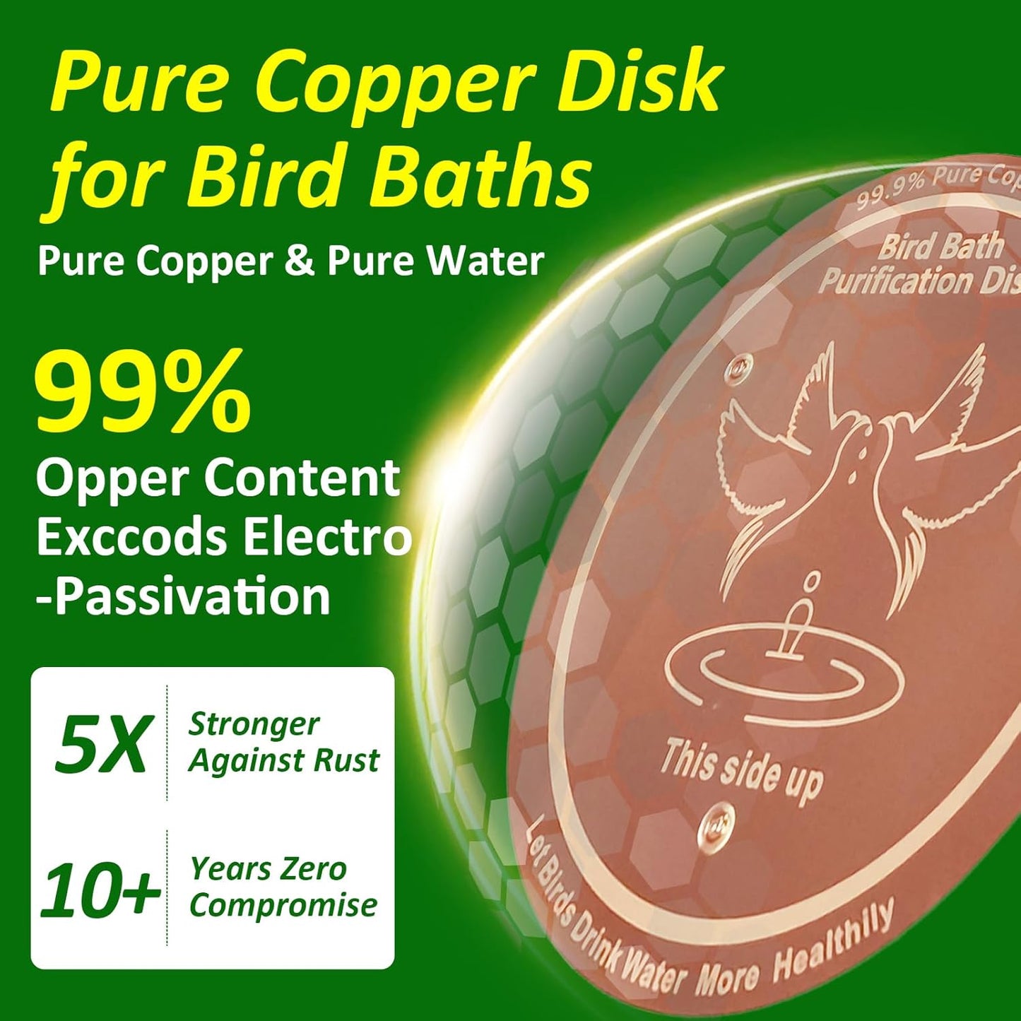 Bird Bath Copper Disk, 99.99% Pure Copper with Triple-Point Support, Physical Safe Clean Water for Outdoor Birdbaths & Bowls, All-Season Use, Reinforced Design