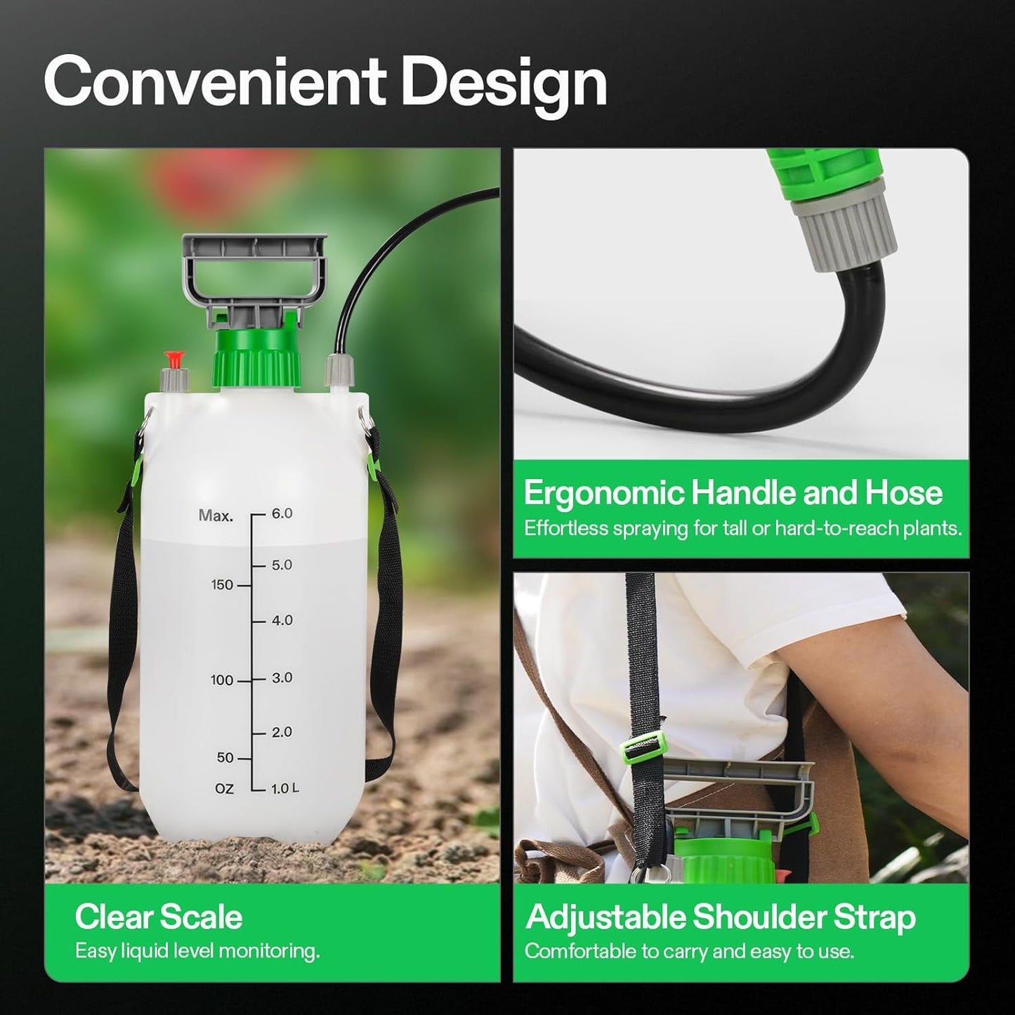 VIVOSUN Pump Sprayer 1.6 Gallon, Portable Water Spray Bottle for Lawn and Garden Yard, Weed Sprayer for Plants with 3 Nozzles, Adjustable Shoulder Strap, Pressure Relief Valve