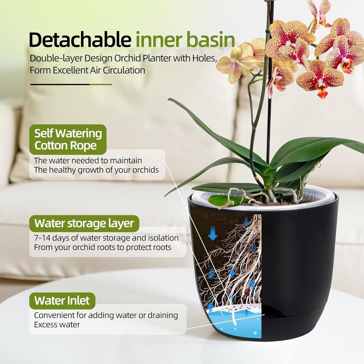 QCQHDU 2 Pack Orchid Pots with Holes for Repotting, Double-Layer and Self Watering Orchid Pot with Good Air Circulation