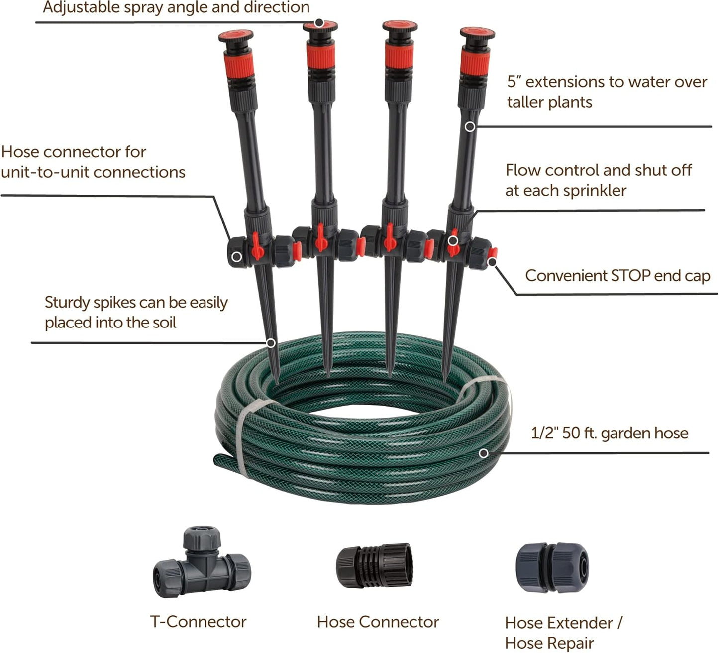 Eden 98063 Multi-Adjustable Flex Design Above Ground Irrigation Garden Sprinkler System, Sprinkler & Hose, DIY Plant Watering Set