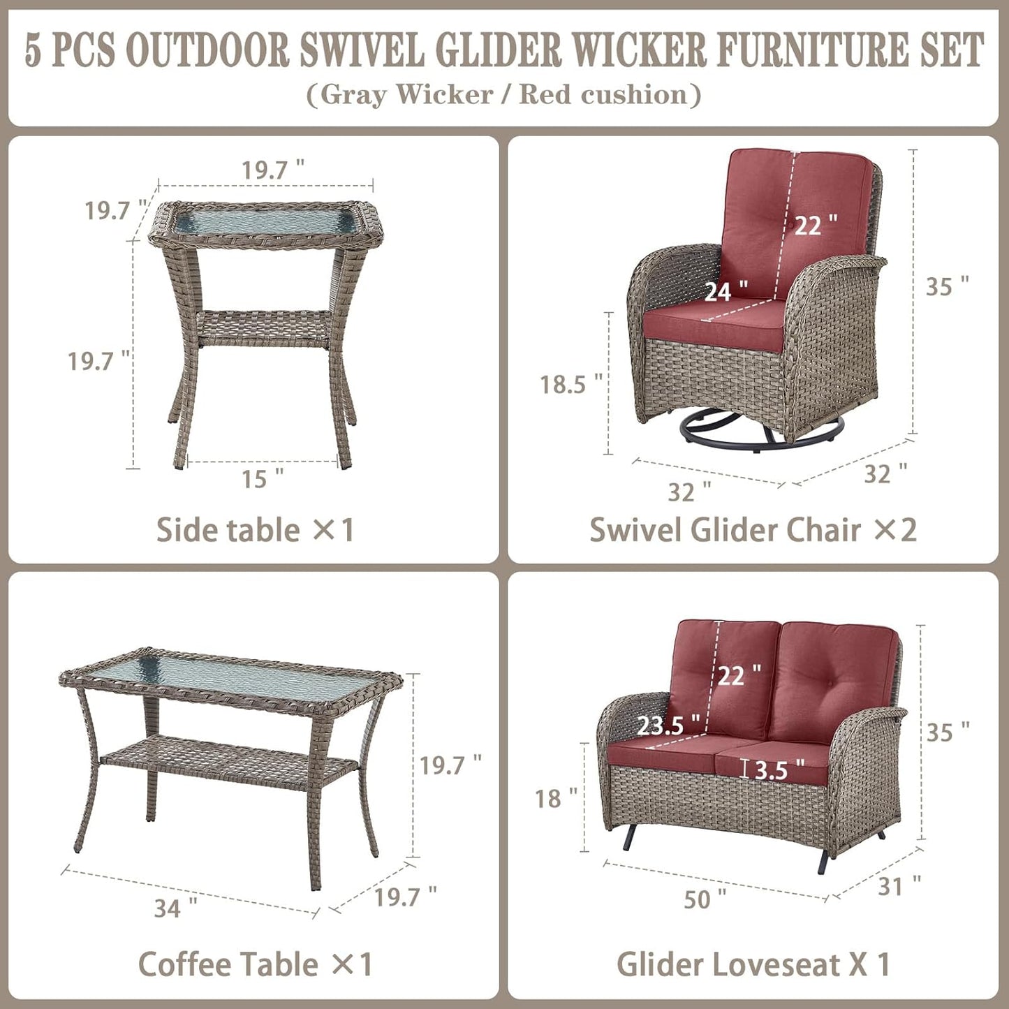 5 Piece Outdoor Patio Furniture Set with Deep Seating Swivel Rocker Chairs Loveseat and Rattan Coffee Table Outdoor Conversation Sets for Deck Backyard Poolside,Gray Wicker Red Cushion