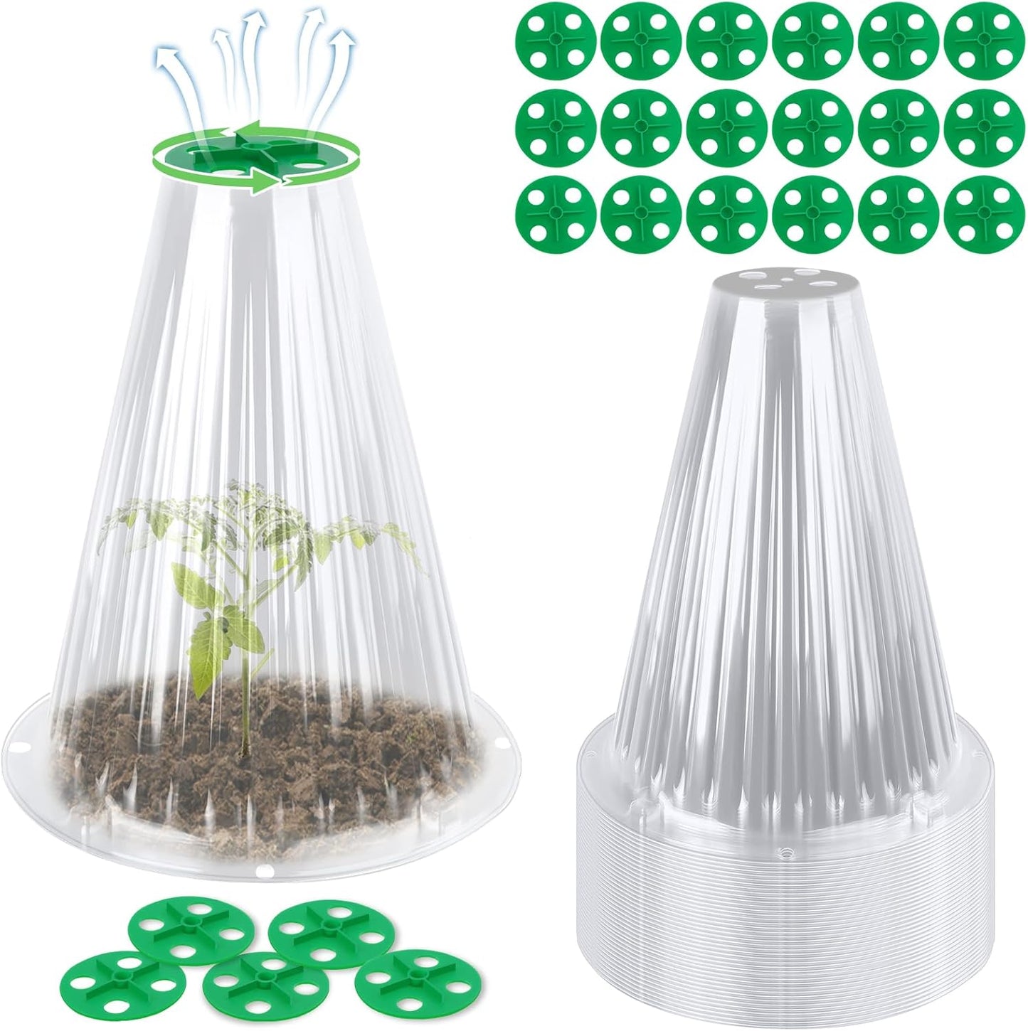 UQM 50 Pack Garden Cloches for Plants, Reusable Bell Plant Protector with Rotary Vent Cover, Garden Protection from Animals Snails Birds Chickens Insect, 9.44" H X 8.07" D (Clear)