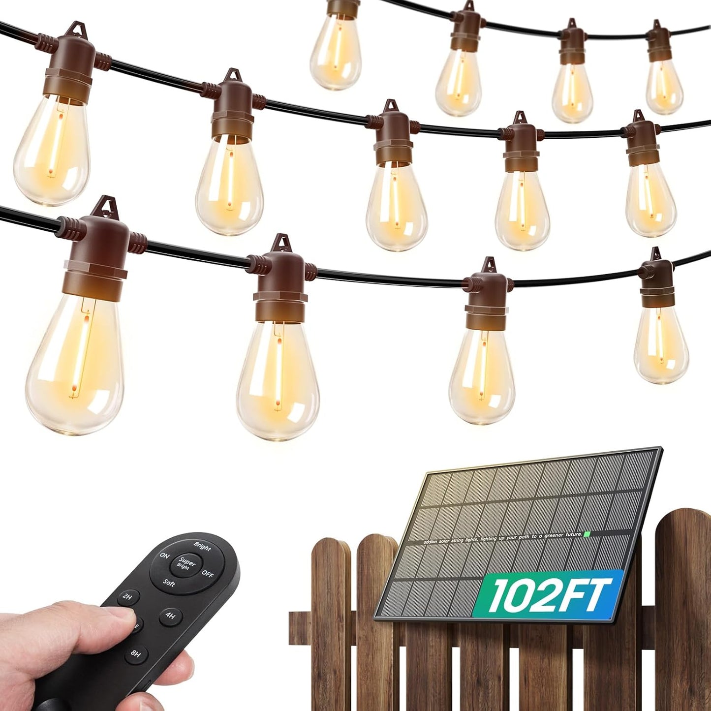 addlon 102FT(96+6) Solar String Lights Outdoor Waterproof with 6W Panel USB Charing & Remote Control Patio Lights Long Last for 20+Hrs Dimmable Solar Power LED Bulbs for Porch Garden Market Bistro