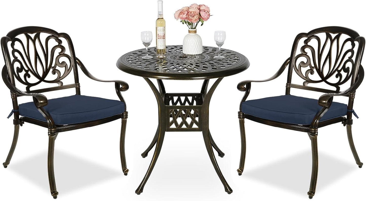 MEETWARM 3 Piece Patio Bistro Set, Outdoor All-Weather Cast Aluminum Dining Furniture Set Includes 2 Cushioned Chairs and a 31” Round Table with Umbrella Hole for Garden Deck, Navy Blue