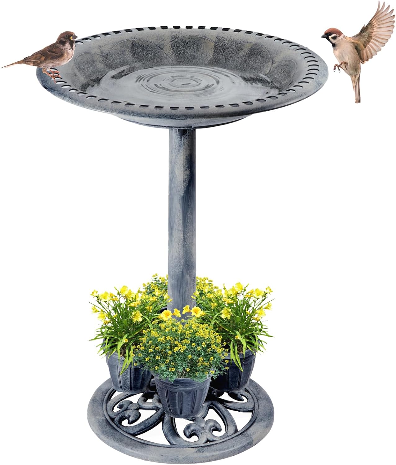 Bird Bath for Outside with 4 Removable Flower Planters 28in Polyresin Lightweight Vintage Birdbath for Outdoors Stake Standing Bowl and Water Feeder Yard Garden Decor Gray