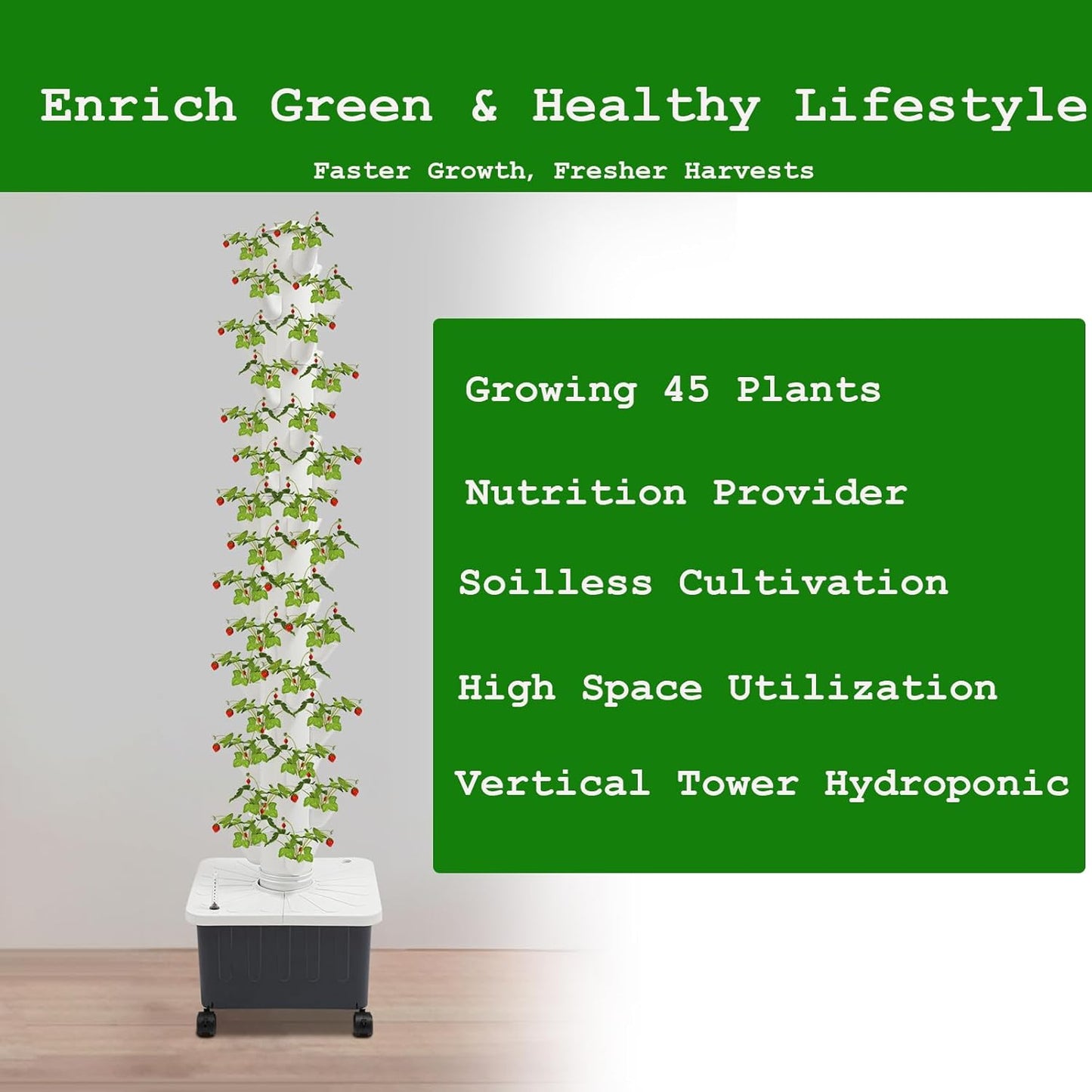 15-Tier Hydroponic Growing Tower, 45-Plant Vertical Garden Kit with Water Pump, Hydroponics Tower Growing System with 4 Wheels for Herbs, Vegetables, Strawberries (White)