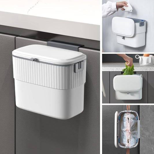 ELPHECO Kitchen Compost Bin with Lid 1.8 Gallon Hanging Trash Can with Lid, 7 Liter Wall-Mounted Garbage Can for Kitchen Cabinet Door, Small Under Sink Trash Can for Cupboard, Bathroom, Office