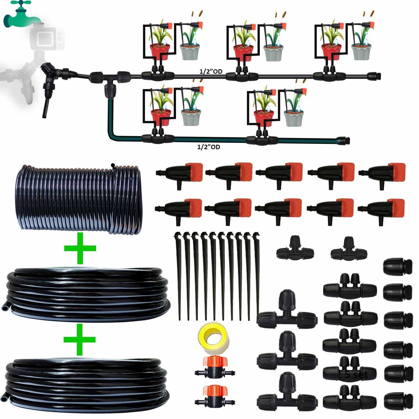Drip Irrigation System Drip Irrigation Kit 64ft 5/16“ID Inche 64FT 1/4 Inch OD Pipe Kits Solutions for Large Gardens with Low Water Pressure Away from The Water Source
