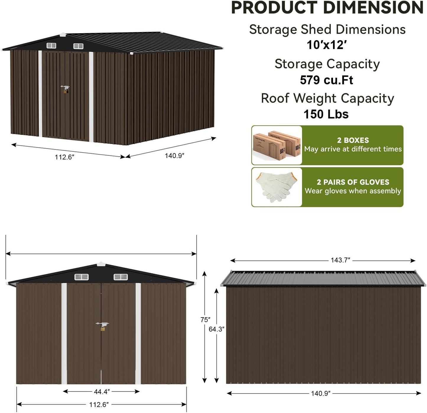 COMHOMA Shed Outdoor Storage Shed Metal,Lockable Doors Tool Sheds with Sloping Roof,Steel Garden Shed with Air Vent for Backyard,Patio,Lawn,Poolside (Brown, 10'*12')