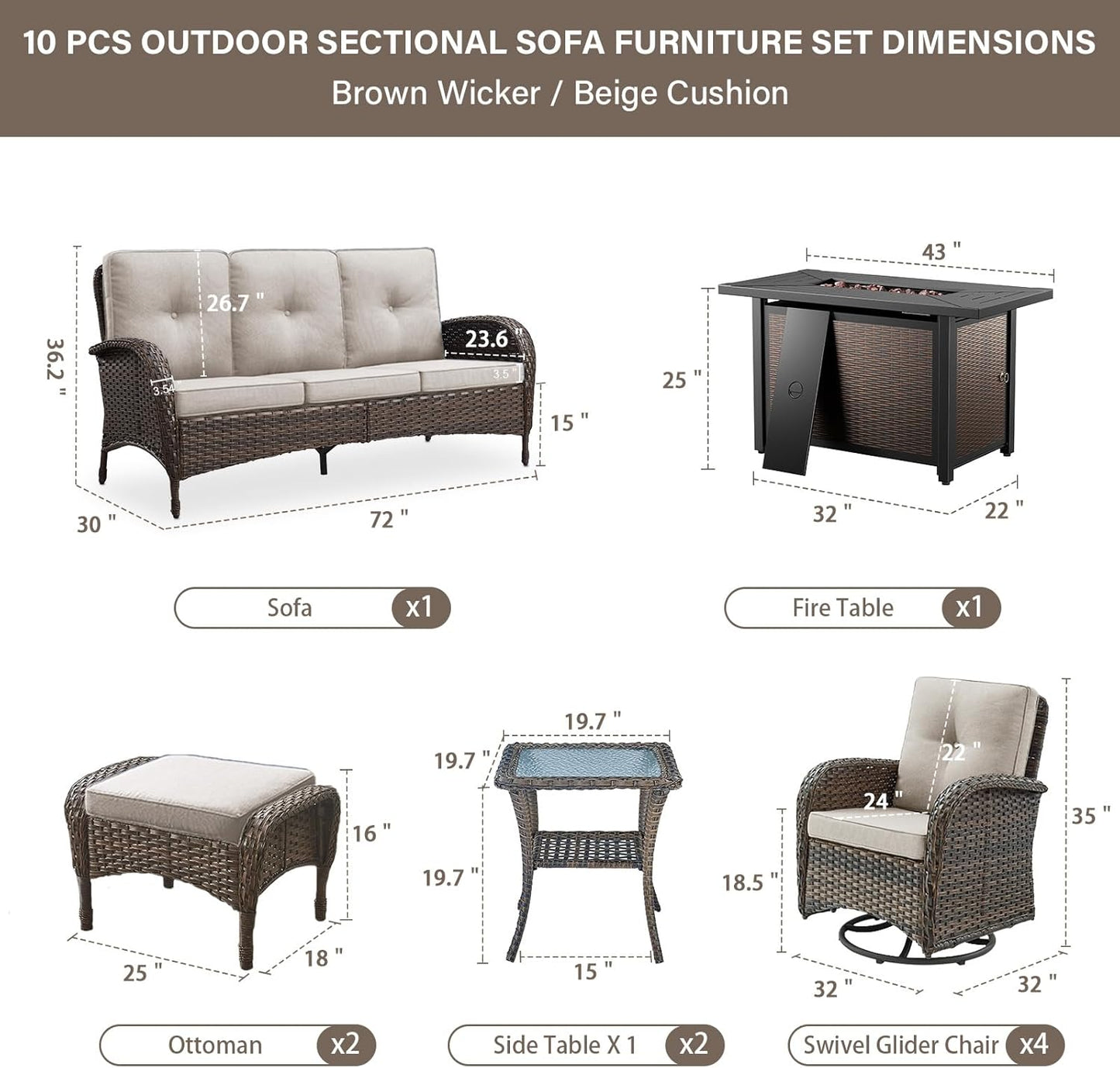 Expansive 10 Pieces Outdoor Patio Furniture Set with 43” Propane Fire Pit Table, Patio Conversation Set with Swivel Rocker Outdoor Chairs Set of 4 and Sofa, Ottoman and Wicker Side Table Brown