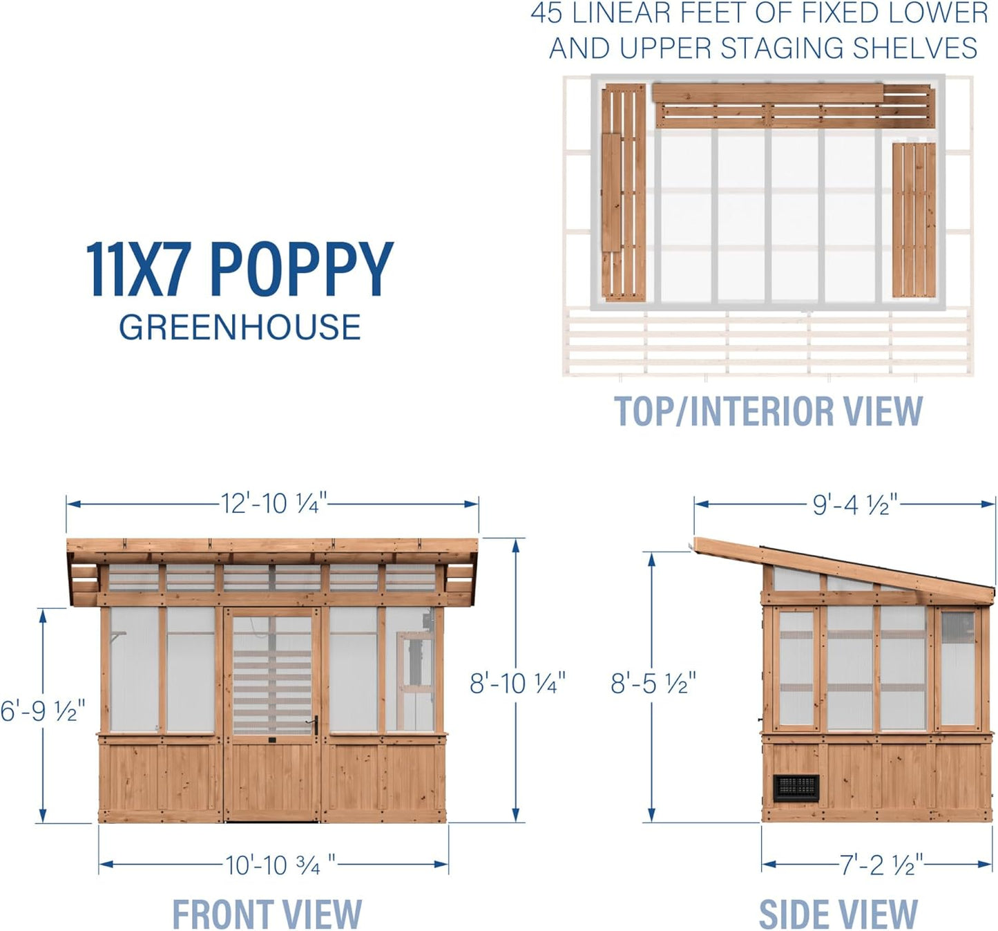 Backyard Discovery Poppy 11' x 7' Cedar Wood and Polycarbonate Walk-In Greenhouse Kit with Exhaust Fan, Windows, Hose Hook-Ups, PowerPort, Staging Shelves, Plant Hooks for Year-Round Outdoor Gardening