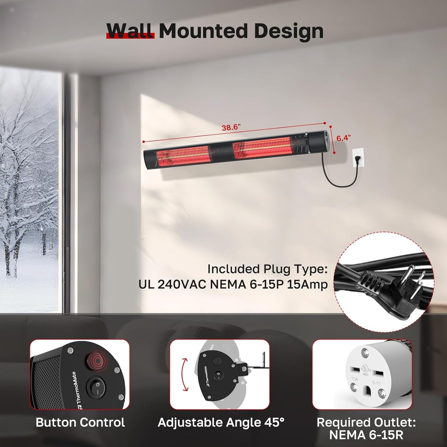 ThermoMate Infrared Heater, Outdoor Heater for Patio, Garage, Restaurant, 3000W Golden Halogen 240V with Remote, ETL Certified Black