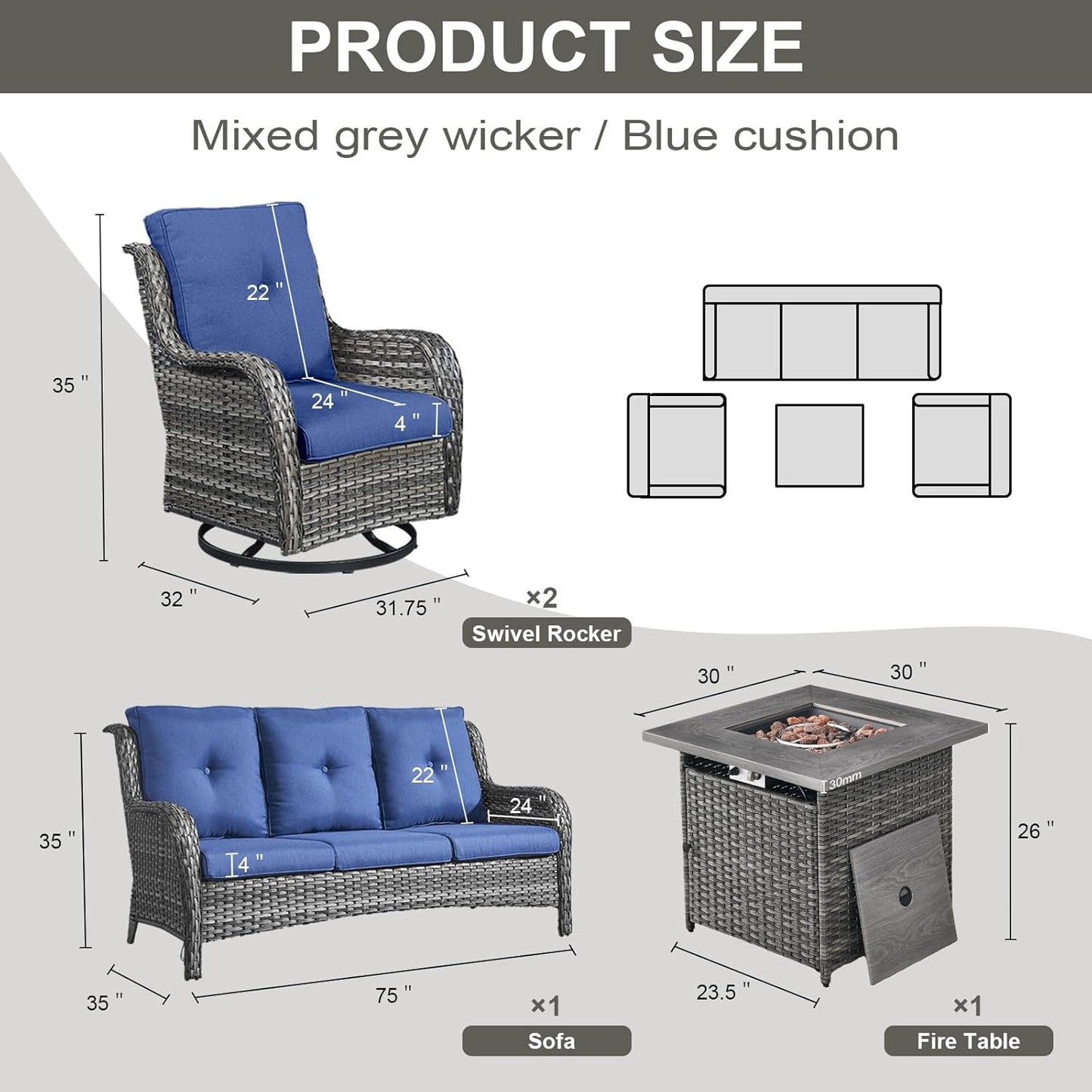 Outdoor Patio Furniture Set with 50000BTU Propane Fire Pit Table, 4 Pieces Wicker Patio Conversation Set with 2 Swivel Rocker Glider Chairs Rattan Sofa Blue Cushion Perfect for Casual Gathering