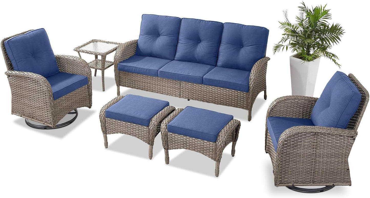 6 Pieces Wicker Patio Furniture Set - Swivel Rocker Outdoor Chairs with Outdoor Couch and Side Table, All-Weather Patio Conversation Set for Deck Sunroom Backyard