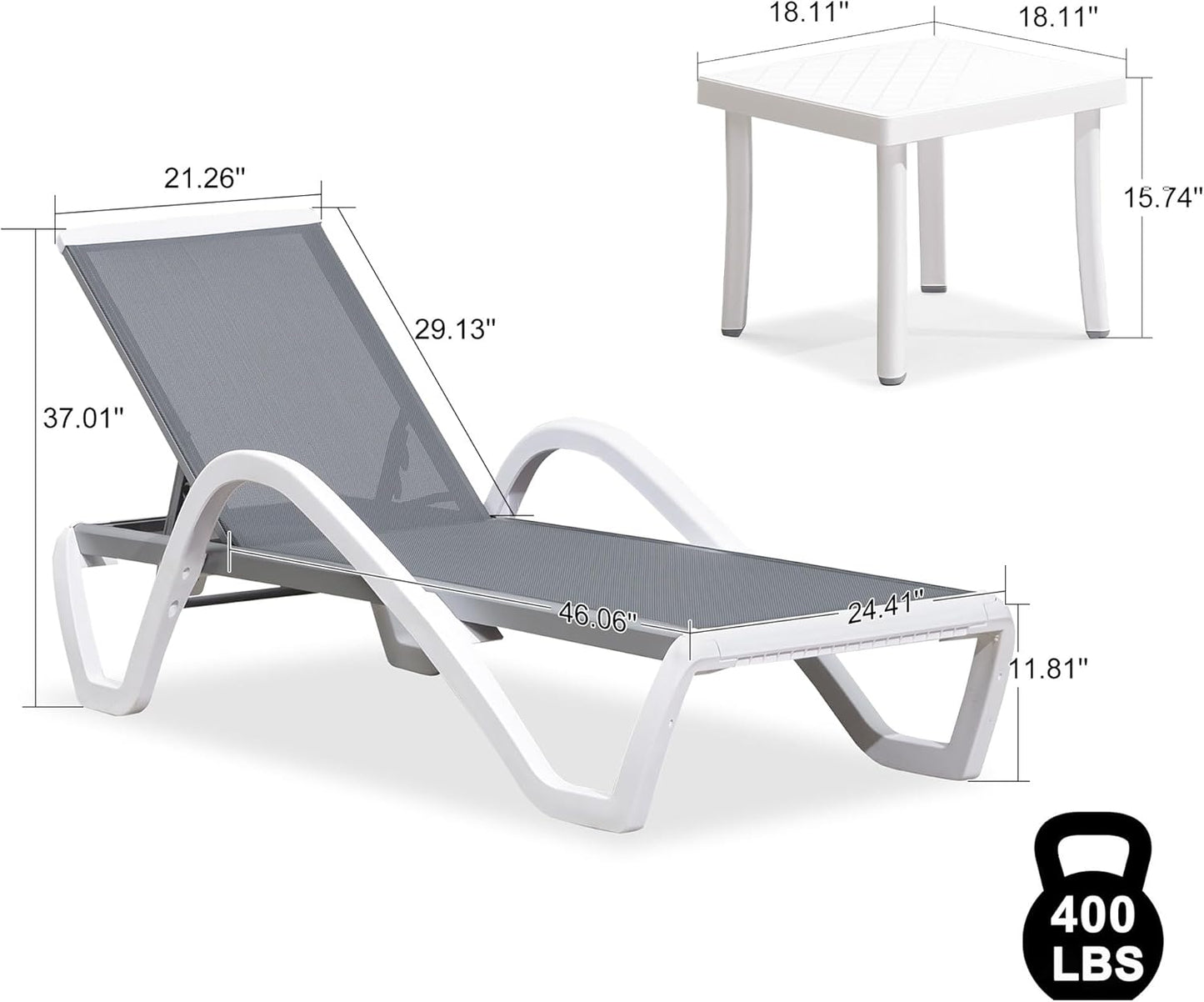 PURPLE LEAF Patio Chaise Lounge Chair Set Outside Aluminum Plastic Stackable Tanning Chairs with Armrests and Side Table for Pool Sunbathing Beach Deck Outdoor Lounger, Light Gray