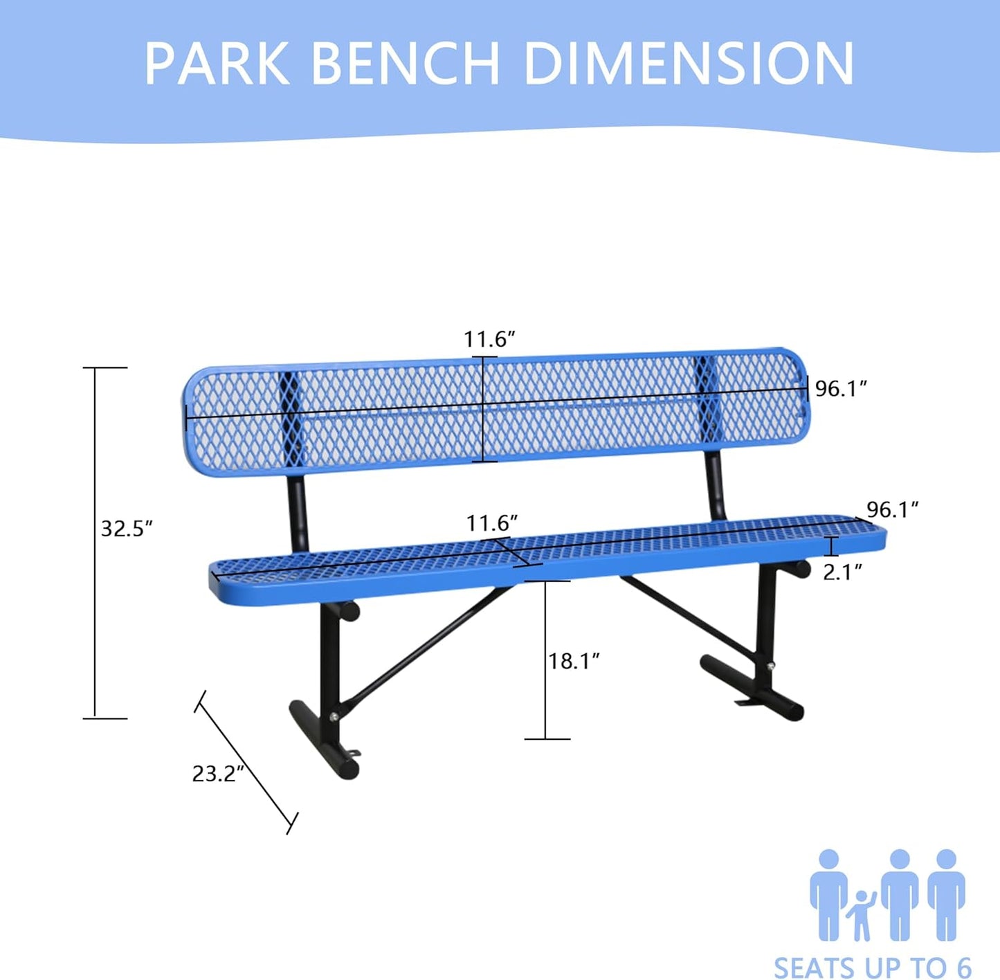 8 Feet Heavy Duty Metal Park Bench for Outside, Outdoor Steel Bench with Backrest & Portable Frame, Commercial Benches for Shopping Malls/Stores/Parks/Patios/Decks/School,Blue