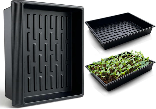 Seed Starter Tray, 10 Packs Plant Tray, Durable Plastic Growing Trays, Stackable Seedling Starter Trays Perfect for Indoor, Outdoor, Greenhouses, 16.5" L x 13.2" W x 2.8" H - Black