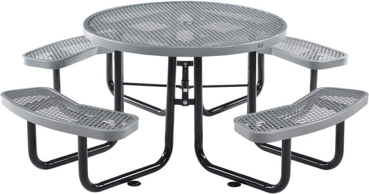 Global Industrial 46" Round Picnic Table, Expanded Metal, Gray Thermoplastic Coating, Attached Benches, 1-1/2” Umbrella Pole Hole, Outdoor-Rated, 1000 lb Capacity