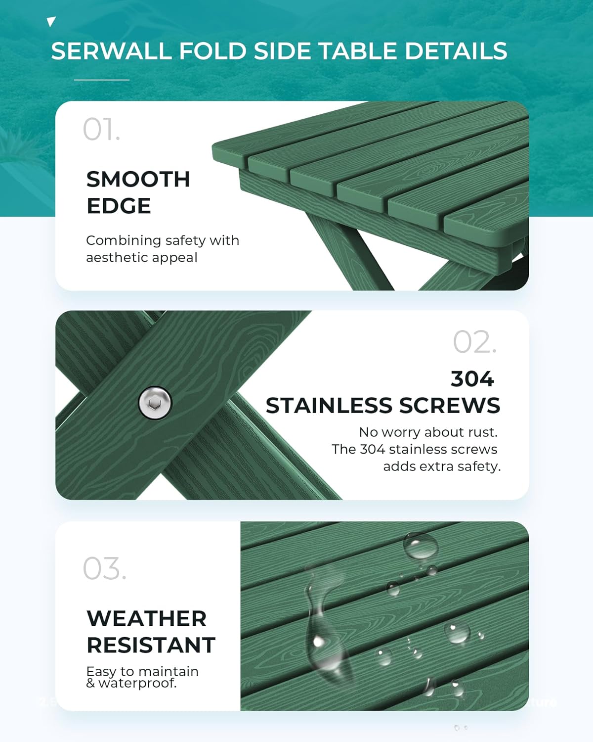 SERWALL Portable Folding Outdoor Side Table - Adirondack Style, HDPE Material, No Assembly Required, Outside End Table for Patio, Porch, Deck, Pool, Green