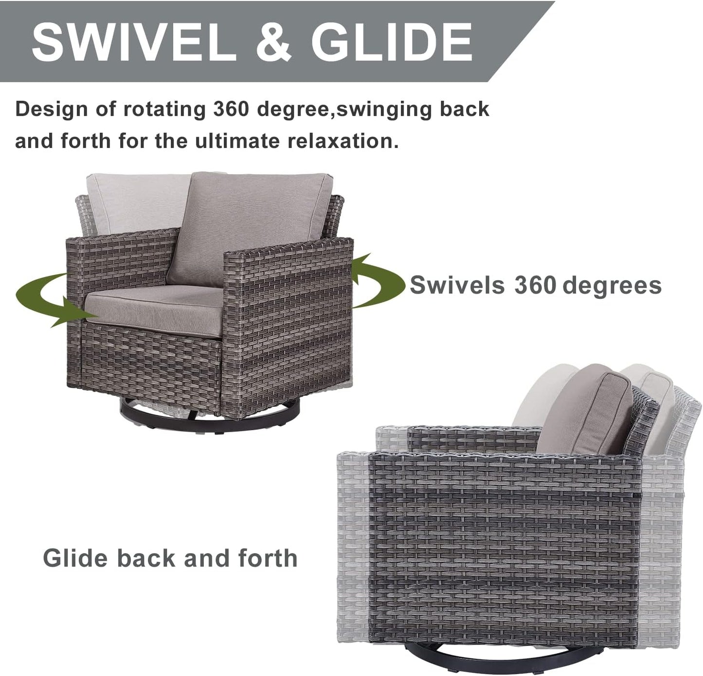 HUMMUH 3-Piece Patio Swivel Chairs,PE Wicker Outdoor Rocking Chairs Bistro Set with Side Table Porch Balcony Furniture with Cushions