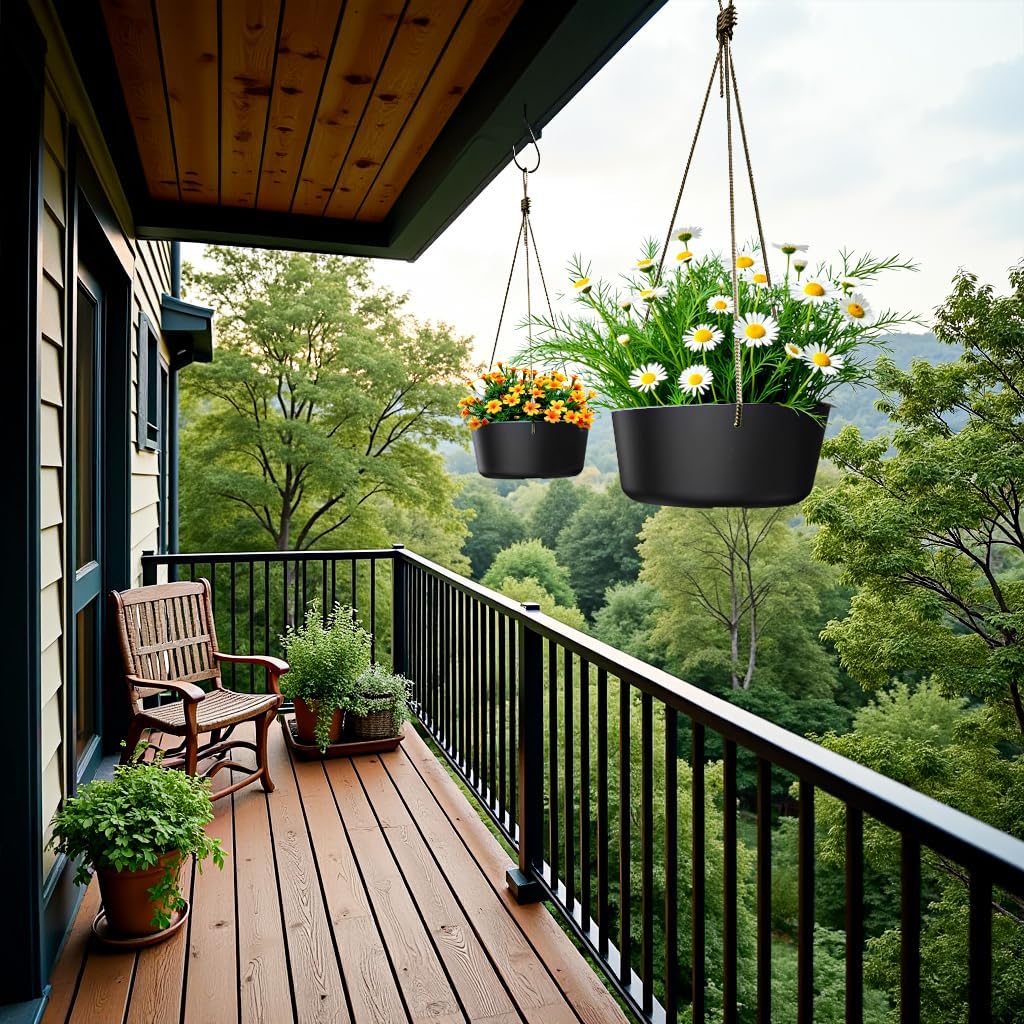 10.7 Inch Hanging Planter for Outdoor Indoor Plants，2 Pack Hanging Flower Pots with Drain Holes for Garden Home Decor Use (Black)