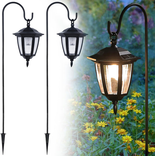 Dynaming 2 Pack Solar Hanging Lights Outdoor, Solar Powered Garden Decorative Lanterns with 2 x 38 Inch Shepherd Hooks, Waterproof Landscape Lighting for Lawn Patio Yard Pathway Driveway, Warm White
