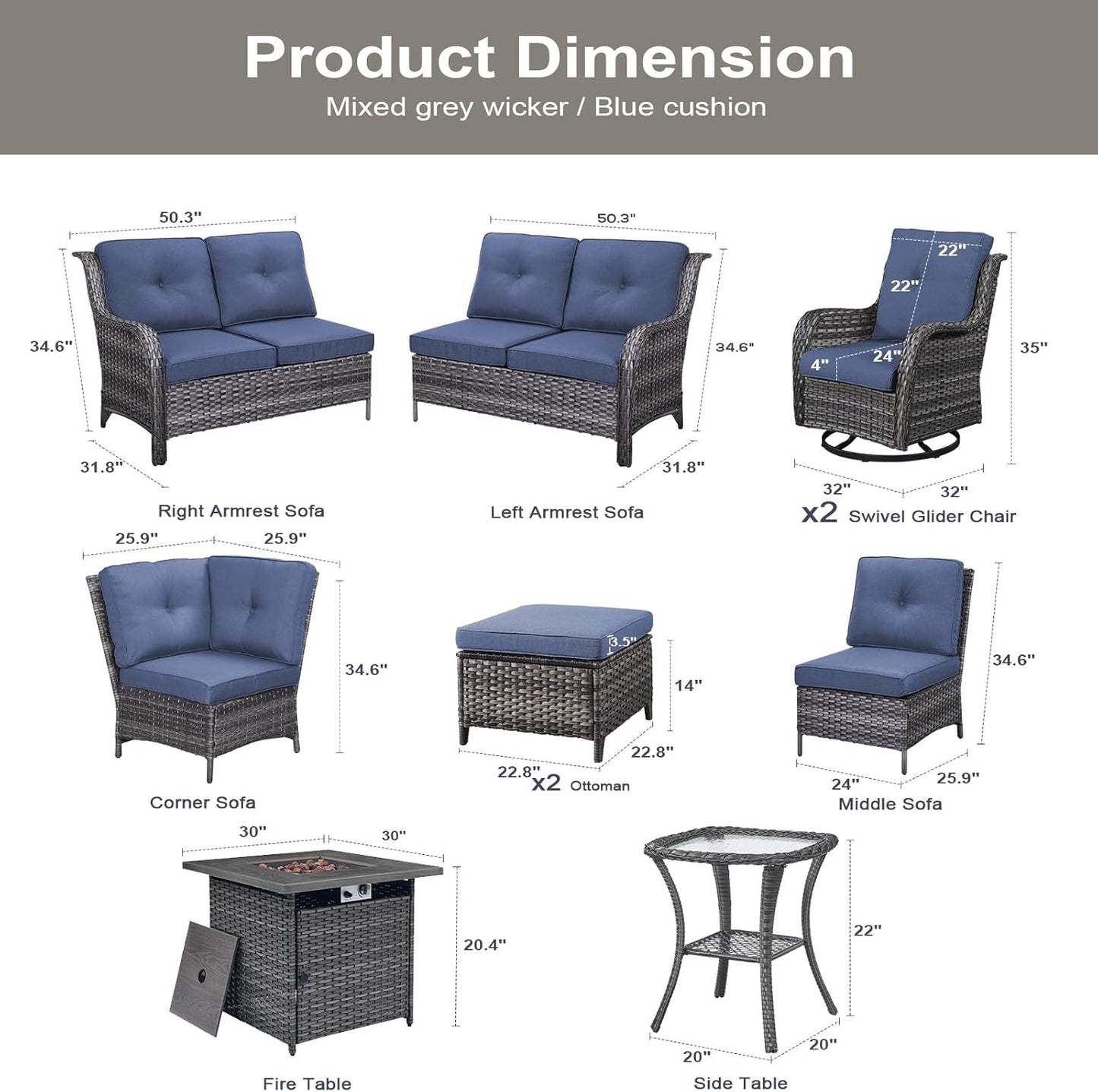 Outdoor Sectional Furniture Sofa Set with 50000BTU Propane Fire Pit Table, Wicker Patio Conversation Set with 2 Swivel Rocker Glider Chairs Blue Cushion Perfect for Backyard Casual Gathering