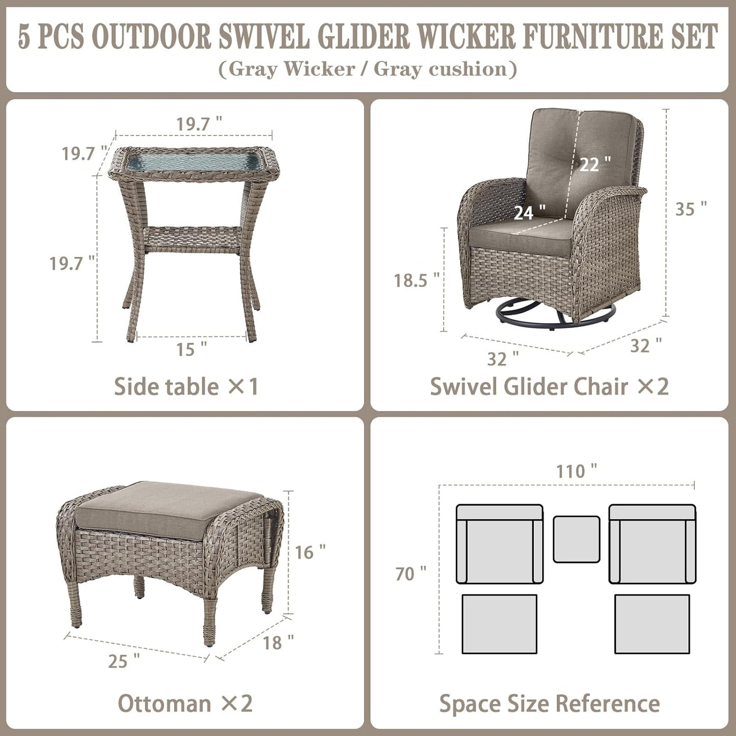 5 Pieces Wicker Patio Furniture Set - Swivel Rocker Outdoor Chairs with Ottomans and Side Table, Small Patio Conversation Set for Deck Porch Backyard