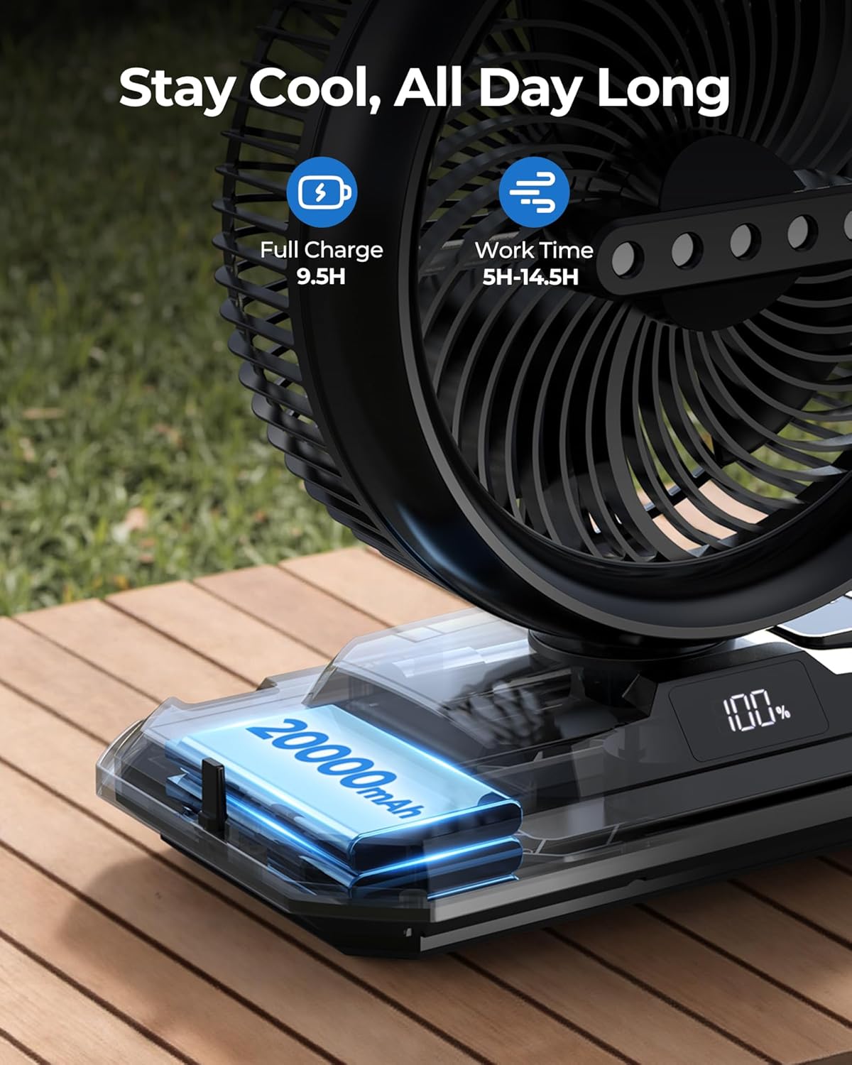 Koonie 10 Inch Camping Misting Fan 11L Tank, 20000mAh Cooling Battery Floor Fan with Remote, 4 Timers, 4 Speeds, 3 Mist Modes, 45°/90° Oscillation, 10° Tilt, Portable for Outdoors Patios, Travel