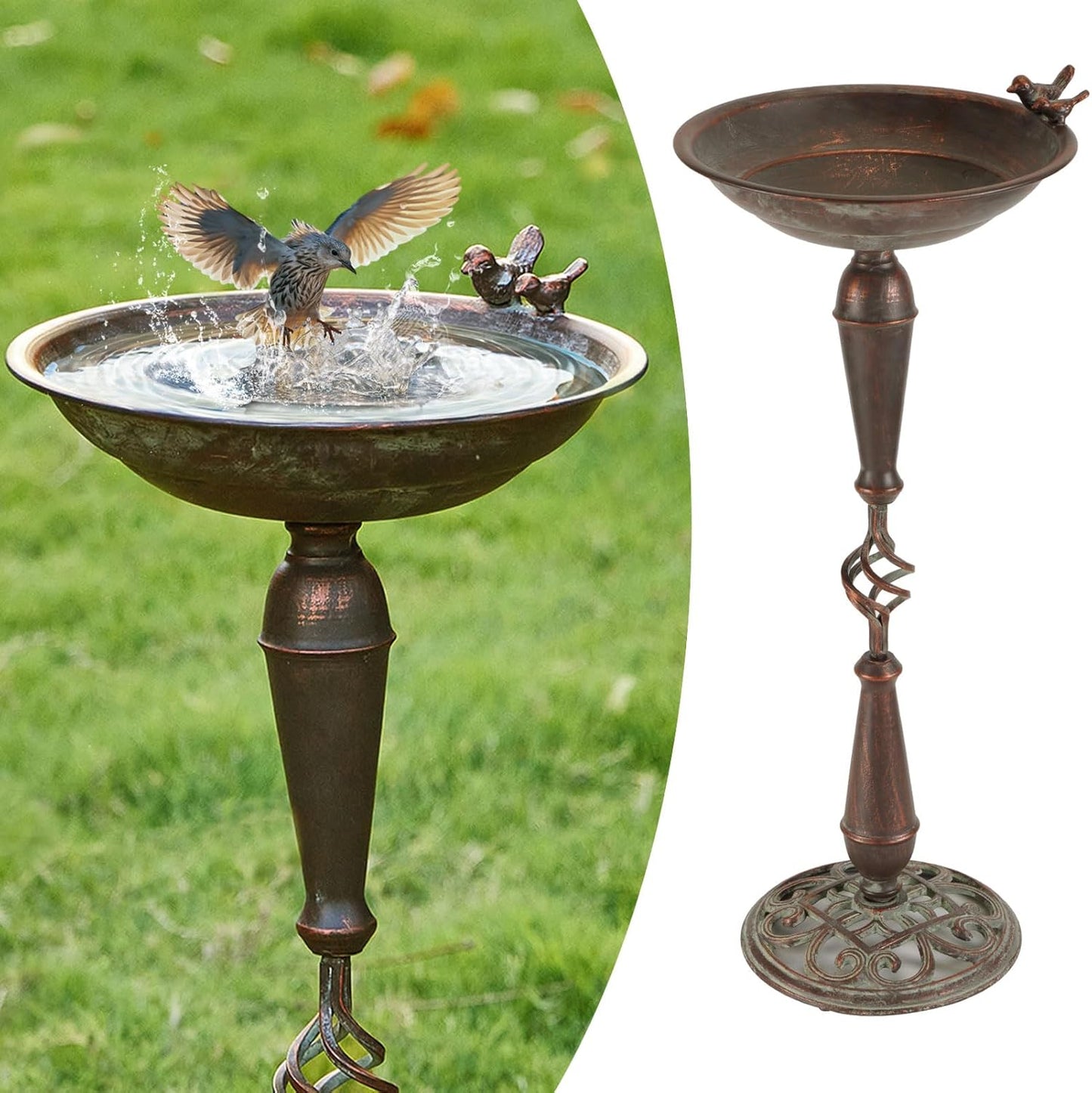 27.5’’H Cast Iron Pedestal Bird Bath，Metal Bird Bath for Outdoor，Vintage Metal Bird Bath Garden Decoration
