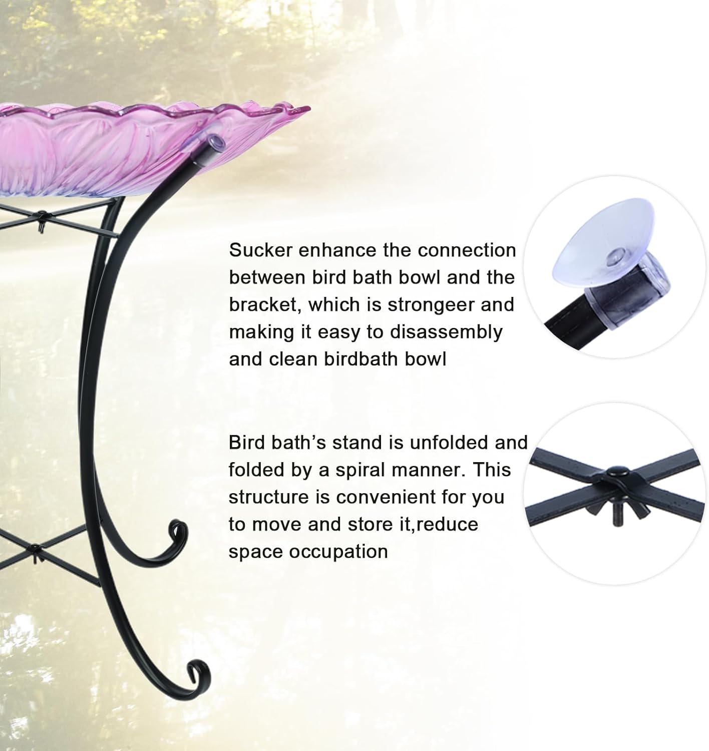 MUMTOP Outdoor Glass Birdbath with Metal Stand for Outside Yard Garden Decor, 18 inch Diameter Pink Bird Baths Bowl for Outdoors, 21 inch Height