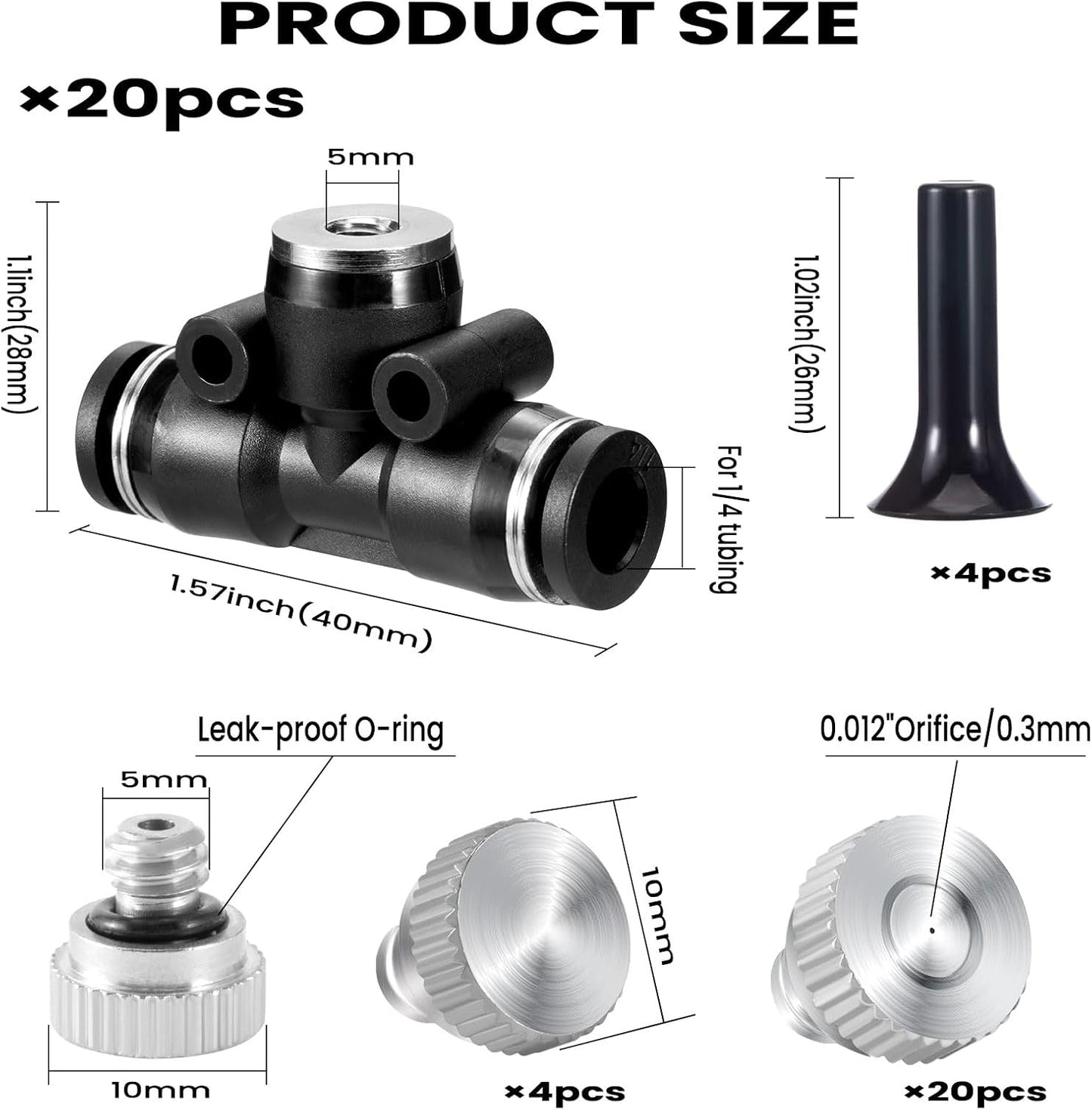 48 Pcs Brass Misting Nozzles Kit,0.012 Orifice (0.3 mm) 10/24 UNC Mister Nozzles 1/4 Inch Sliding Lock Tees for Outdoor Cooling System 20 Misting Tees,20 Spray Nozzles,4 Brass Plugs,4 Black Plugs