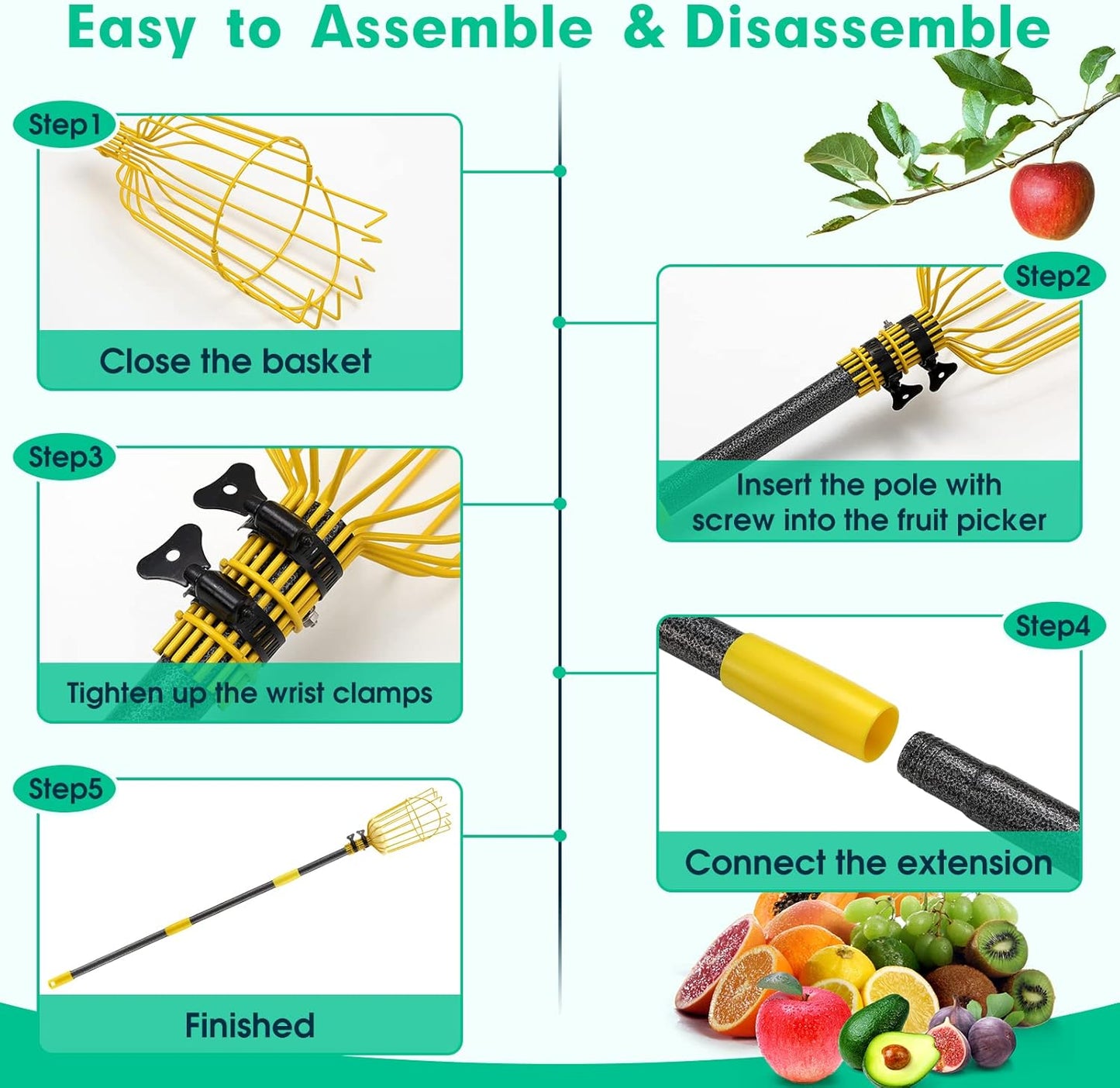 10FT Fruit Picker, Adjustable Mango Picker Tool with Adjustable Pole and Basket, High Fruit Catcher Equipment Apple Picker for Lemon Apples Mango Pear Orange Avocados Fruit Picking Grabber Tool