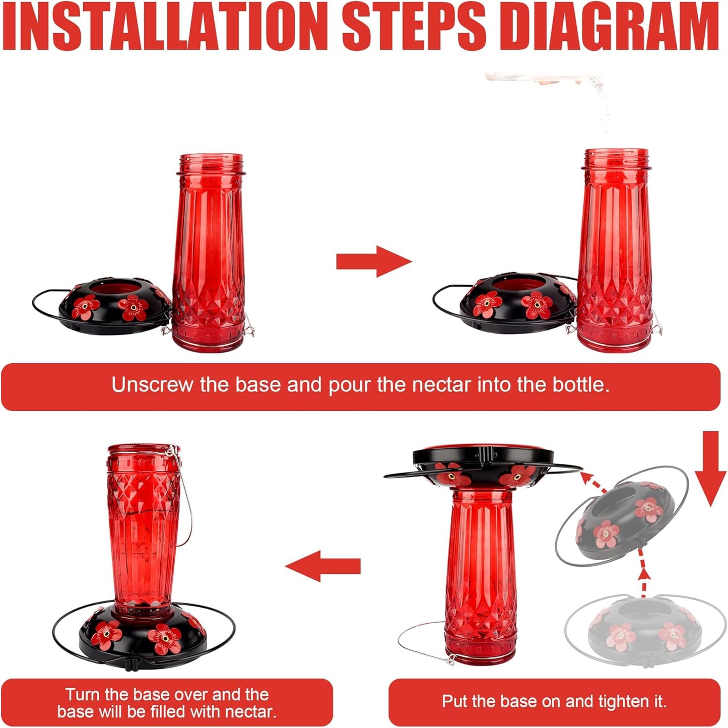 Hummingbird Feeder-16 Ounces，6 Feeding Ports Glass Hummingbird feeders for Outdoors,Wide Mouth for Easy Filling/Cleaning，Hanging for Garden Backyard Decor, Includes Ant Moat (Red)
