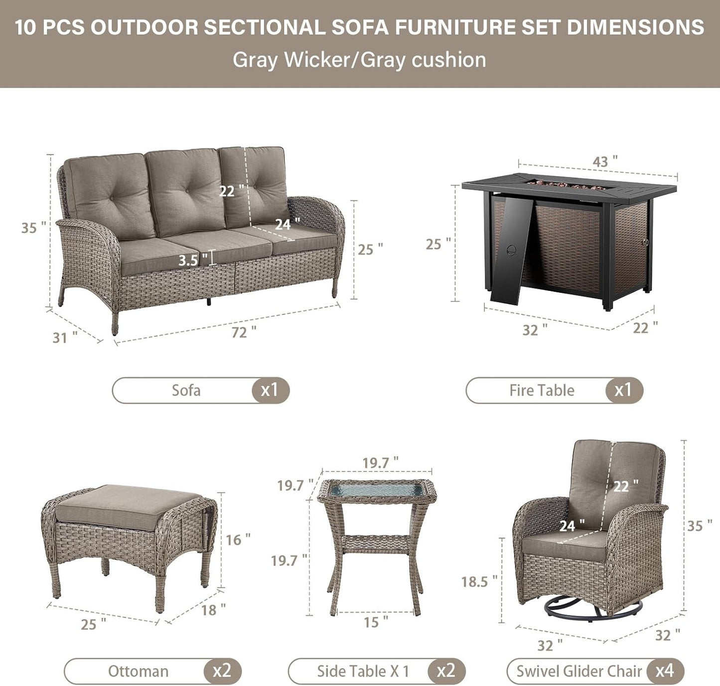Expansive 10 Pieces Outdoor Patio Furniture Set with 43” Propane Fire Pit Table, Patio Conversation Set with Swivel Rocker Outdoor Chairs Set of 4 and Sofa, Ottoman and Wicker Side Table Gray