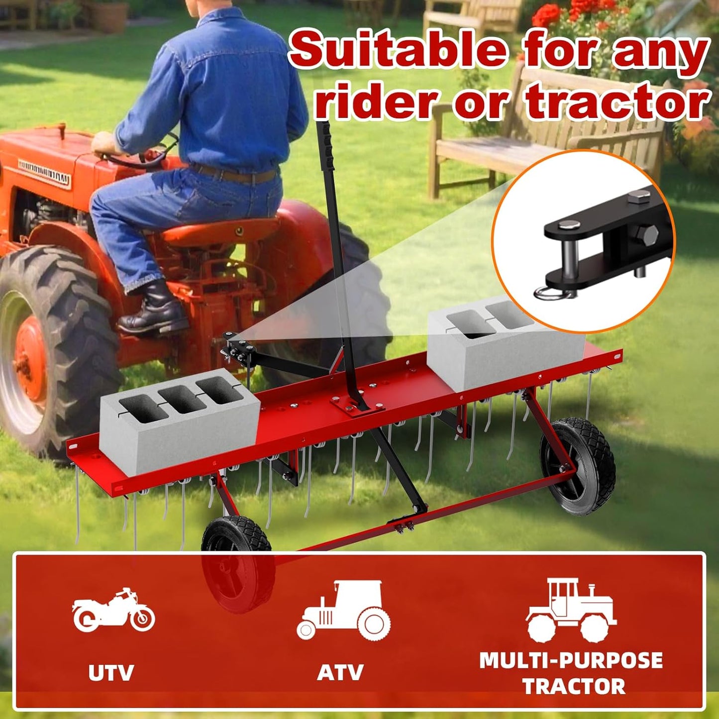 48inch Tow Behind Dethatcher with 24 Spring Steel Tines, Lawn Tractor Rakes with Lift Handle, Tow Behind Rake to Remove Thatch, Riding Lawn Mower Attachments for Outdoor Yard Tools Lawn Care