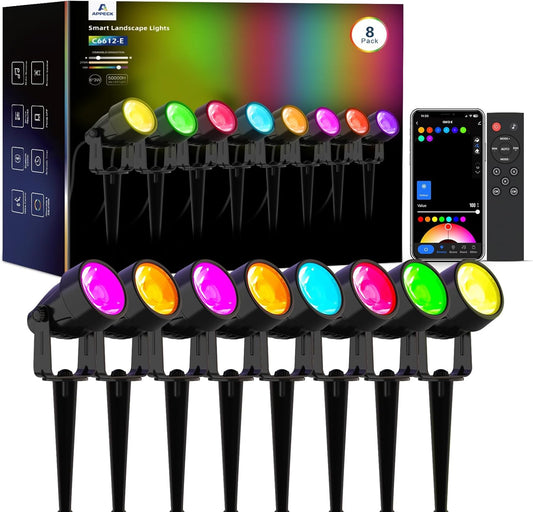 Landscape Lighting, RGBW Color Changing Low Voltage Landscape Lights with APP Control, IP65 Waterproof Outdoor Spotlights for Garden Yard Outside Decoration, 8 Pack